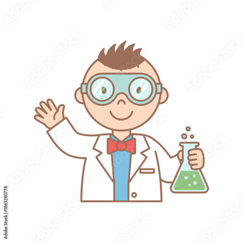 Cartoon Scientist Boy Waving with Flask of Green Liquid