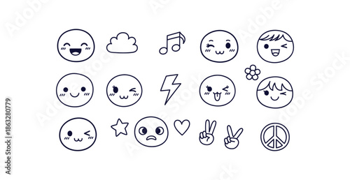 Kawaii Cute Doodle Vector Set Funny Emoji Icons Happy Emotional Faces Symbols