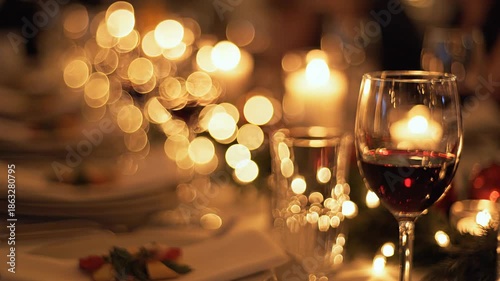 Gathering of friends around table with candles and wine during festive evening celebration, blur christmas background