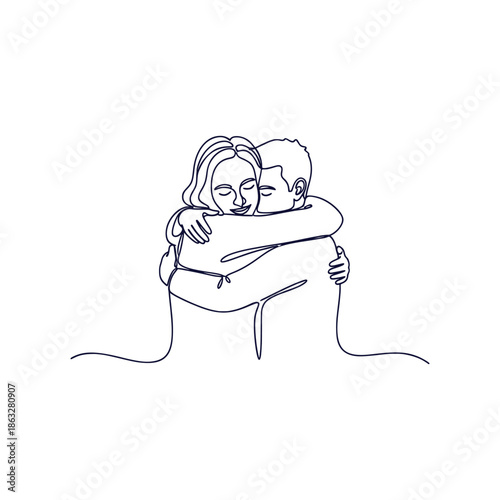 Continuous One Line Drawing Couple Hugging Romantic Minimalist Love Relationship Concept