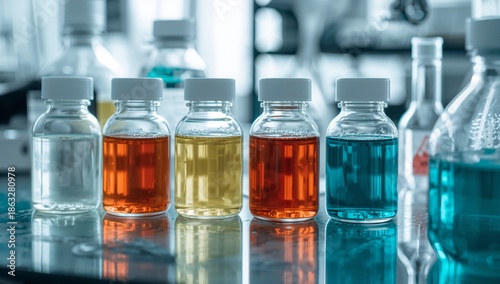Laboratory Setup With Multiple Vials Containing Colored Liquids During a Scie...