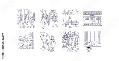 Everyday Urban Life Vector Collection People Commuting Shopping Meditation Relaxation Street Scenes Line Art