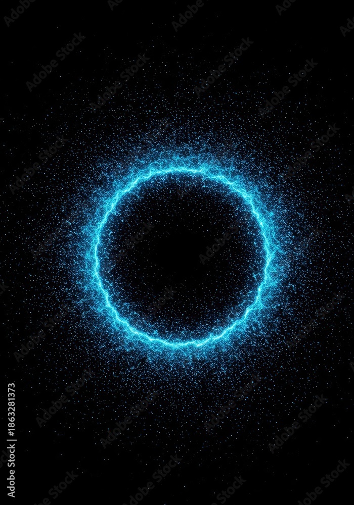 Obraz premium Abstract blue glowing particles spreading and fading into a dark void, illustrating maximum disorder and the thermodynamic heat death concept ,energy ,limit ,equilibrium