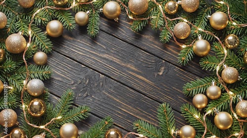 Christmas decorations arranged with gold ornaments and green branches on wooden table during holiday season, christmas background