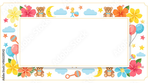 A decorative rectangular frame featuring baby-themed elements like teddy bears, flowers, balloons, clouds, stars, and rattles.