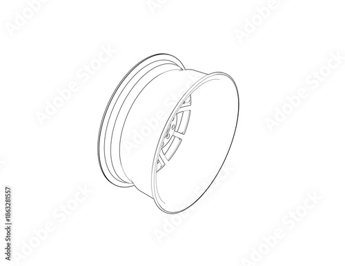Automotive Wheel Rim Technical Drawing: Monochrome Blueprint Wireframe Outline of a Custom Sport Car Rim Design Rendering. Ideal for CAD Engineering Drafting Projects and Digital Illustrations.
