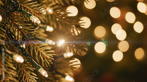 Holiday lights shine on evergreen branches in cozy indoor setting during winter celebrations, christmas background