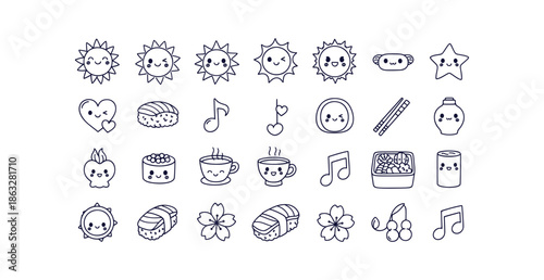 Japanese Kawaii Doodle Vector Icon Set Cute Sushi Coffee Sun Hearts Elements