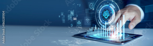 Businessmen use the tab analyzing SaaS and cloud data. Software-as-a-Service dashboard, application analytics, subscription management, cloud performance, business efficiency © AD