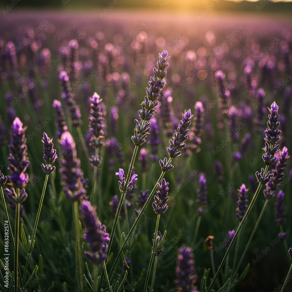 Obraz premium Beautiful purple flower spikes of lavender bathed in golden summer light, suggesting calm relaxation and natural fragrance ,soothing ,organic ,aromatic