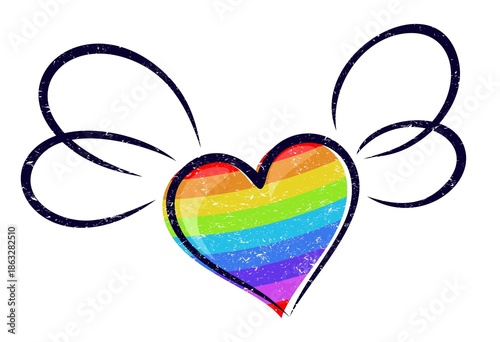 Rainbow heart with wings.