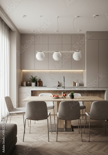 Architectural visualization of a contemporary open-plan kitchen and dining area emphasizing stylish decor and high-end finishes ,software ,wall ,surface