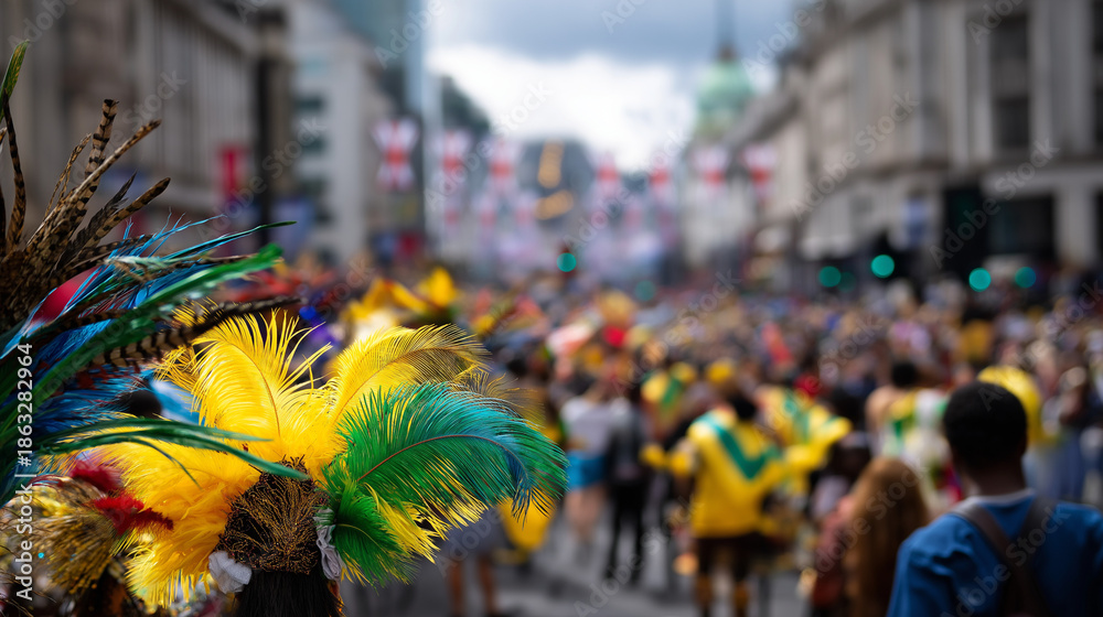 Fototapeta premium London carnival features vibrant costumes, lively music, street food, diverse traditions, cultural celebration, Caribbean culture, defocused crowd, with copy space