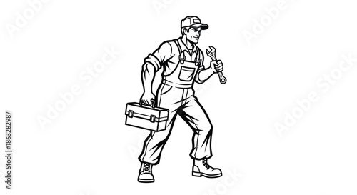 A vintage illustration of a plumber walking with tools and a toolbox