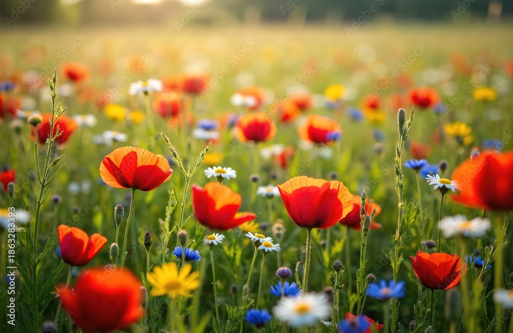 Fototapeta premium Field of red poppies and wildflowers bathed in warm golden sunlight. Delicate petals and green stems create a vibrant natural landscape. Peaceful scene with colorful blooms under soft sky.
