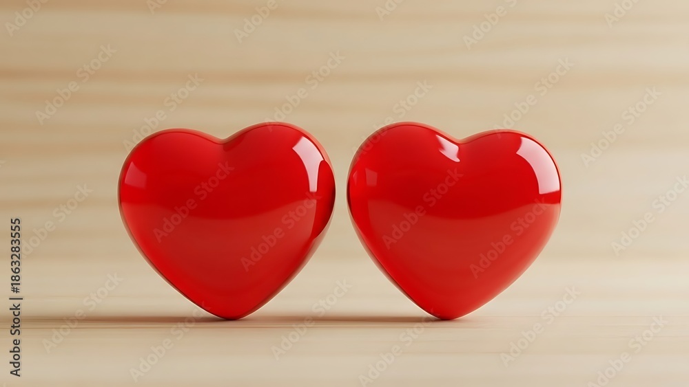 Fototapeta premium Two red hearts on wooden surface