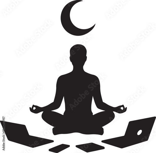 Black silhouette of meditating person with technology devices and moon