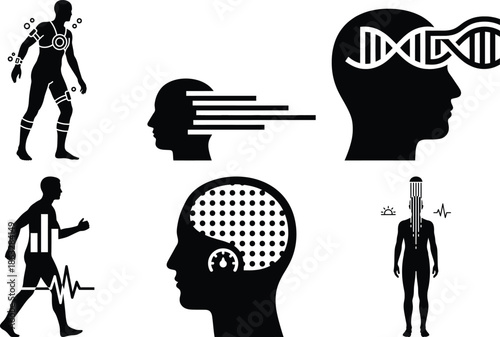 Biohacking Human-Machine & Optimization Icons Bundle � Symbiosis, Cold Exposure, Cybernetic Arm, DNA Concept, Fasting, Hormonal Balance