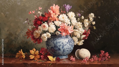Classical Floral Still Life with Ornate Blue and White Vase Filled with Vibrant Roses, Dahlias, Carnations, Irises on Wooden Surface with Scattered Blossoms and Dark Background
