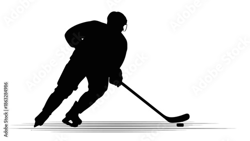 Black vector illustration of an ice hockey player silhouette in action with a stick during a winter sports competition