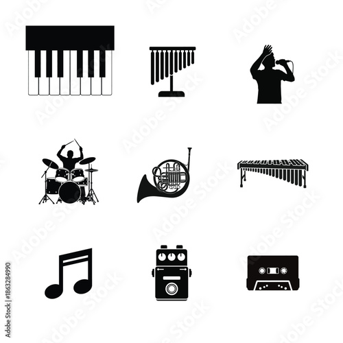 Collection of musical instruments and elements