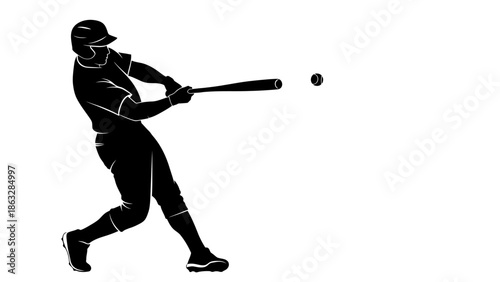 A black vector illustration of an active baseball player silhouette in action hitting the ball with a bat during a sports game