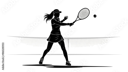 An active woman athlete and a young boy child play a competitive game of tennis with a racket and ball in this professional sports illustration silhouette vector