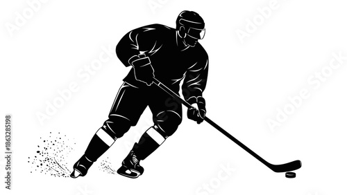 An active ice hockey player silhouette vector illustration depicts a black athlete in action with a stick during a winter sports competition game