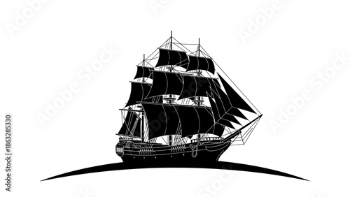 Vintage wooden pirate ship model with old masts and sails isolated on a white background for nautical transportation and travel