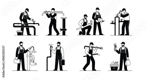 Black and white silhouettes of plumbers working with various pipe systems