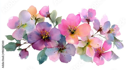 Watercolor floral bouquet with blooming multicolor flowers, green leaves and berries on white background.