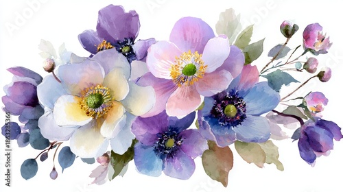 Watercolor floral bouquet with blooming multicolor flowers, green leaves and berries on white background.