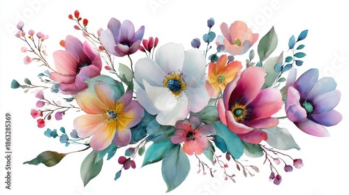 Watercolor floral bouquet with blooming multicolor flowers, green leaves and berries on white background.