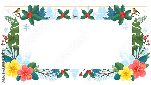 Festive floral frame featuring birds, holly, and wintery elements, perfect for seasonal designs.