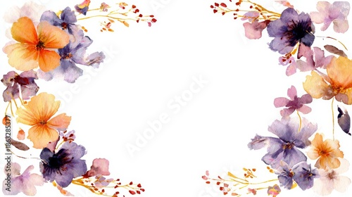 Watercolor floral frame with pink and blue flowers, purple leaves and buds, elegant decorative corner arrangement on white background
