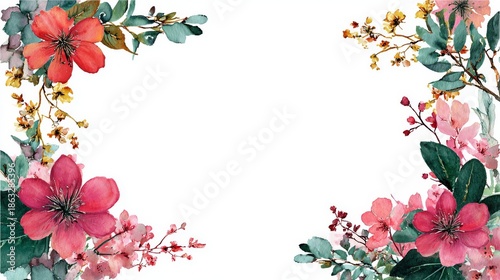 Watercolor floral frame with pink and blue flowers, purple leaves and buds, elegant decorative corner arrangement on white background