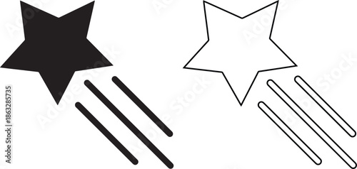 Shooting star vector icon set featuring black silhouette and outline styles, ideal for Christmas decorations, magic wish concepts, astronomy designs and night sky symbols.