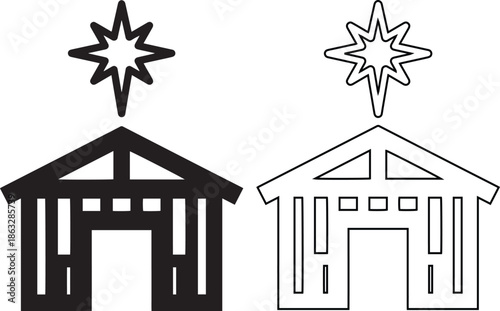 Christmas nativity stable vector icon set with star of Bethlehem silhouette and outline, ideal for religious holiday designs, holy night greeting cards and biblical christian symbols.