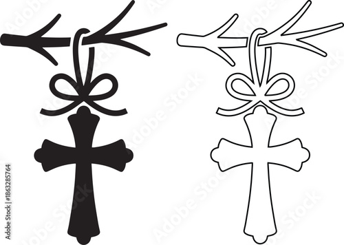 Hanging Christian cross on tree branch with bow vector icon set in silhouette and outline, perfect for religious holiday designs, Easter symbols, church graphics and Christmas ornaments.