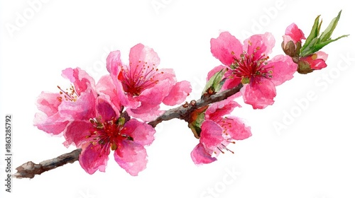 Watercolor blooming branch with vibrant pink flowers and green leaves on white background, artistic spring floral illustration for design use