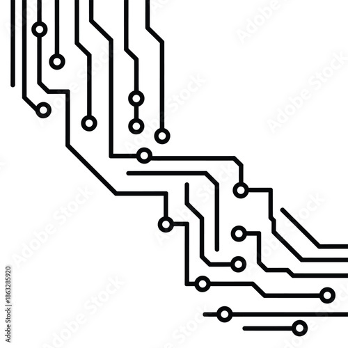 Abstract circuit board pattern with interconnected lines and circular nodes
