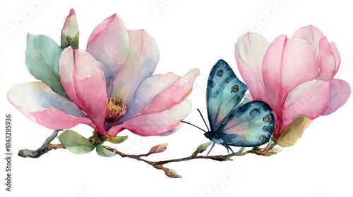 Watercolor illustration of blooming pink magnolia flowers with blue butterfly on branch, elegant spring nature composition on white background