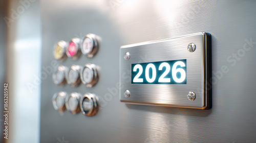Elevator Button on a Wall, 2026 Number Sign Inside Elevator Interior, Corporate Building, Future Direction and New Year Transition Concept.