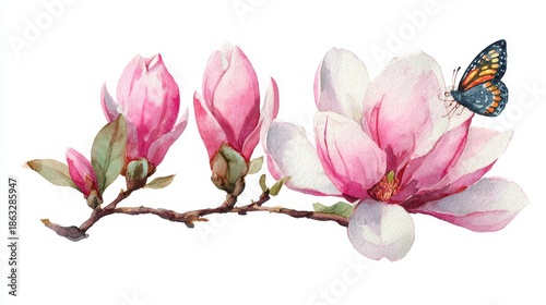 Watercolor illustration of blooming pink magnolia flowers with blue butterfly on branch, elegant spring nature composition on white background