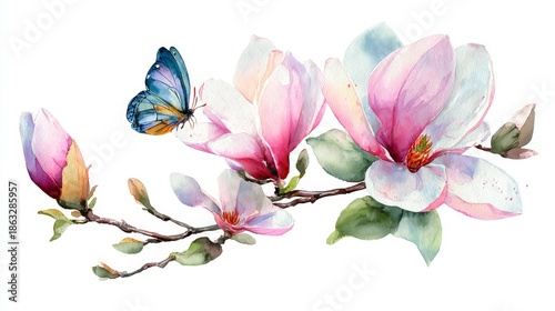 Watercolor illustration of blooming pink magnolia flowers with blue butterfly on branch, elegant spring nature composition on white background