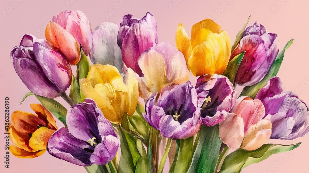 Obraz premium Watercolor tulips in vibrant shades of purple, yellow, pink and red with green leaves on soft pink background