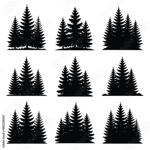 A collection of nine black silhouette pine trees arranged in a grid pattern
