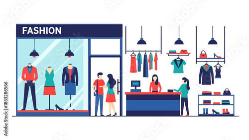 Fashion store interior with mannequins, clothing racks, and customers.