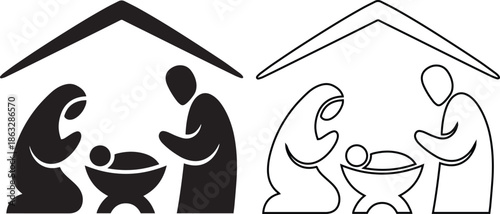 Christmas nativity scene vector icon set featuring holy family silhouette and outline under stable roof, ideal for minimalist holiday designs, religious cards and biblical symbols.