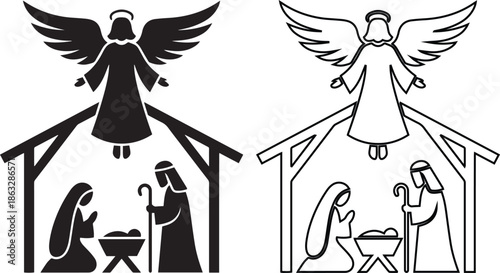 Christmas nativity scene vector icon set featuring angel over holy family silhouette and outline, ideal for religious holiday designs, biblical art and Christian birth of Jesus symbols.